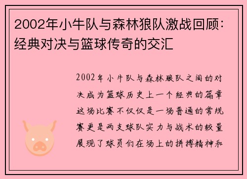 2002年小牛队与森林狼队激战回顾：经典对决与篮球传奇的交汇
