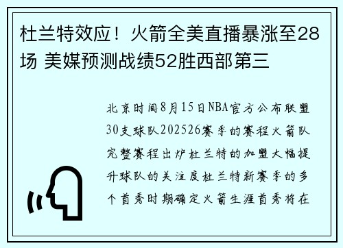 杜兰特效应！火箭全美直播暴涨至28场 美媒预测战绩52胜西部第三