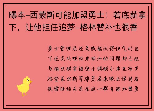 曝本-西蒙斯可能加盟勇士!若底薪拿下,让他担任追梦-格林替补也很香 曝本-西蒙斯可能加盟勇士!若底薪拿下,让他担任追梦-格林替补也很香