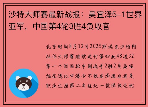 沙特大师赛最新战报:吴宜泽5-1世界亚军,中国第4轮3胜4负收官 沙特大师赛最新战报:吴宜泽5-1世界亚军,中国第4轮3胜4负收官