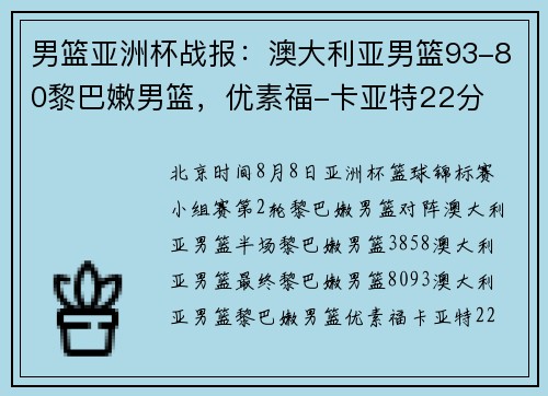 男篮亚洲杯战报：澳大利亚男篮93-80黎巴嫩男篮，优素福-卡亚特22分